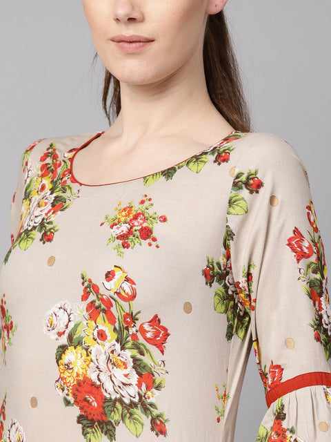 Floral gold khadi printed straight kurta with gathered sleeves & solid olive green pallazo