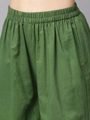 Floral gold khadi printed straight kurta with gathered sleeves & solid olive green pallazo