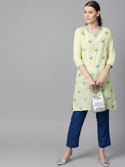 leaf Embroidered yellow 3/4th sleeve kurta