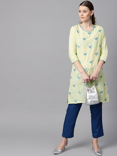 leaf Embroidered yellow 3/4th sleeve kurta