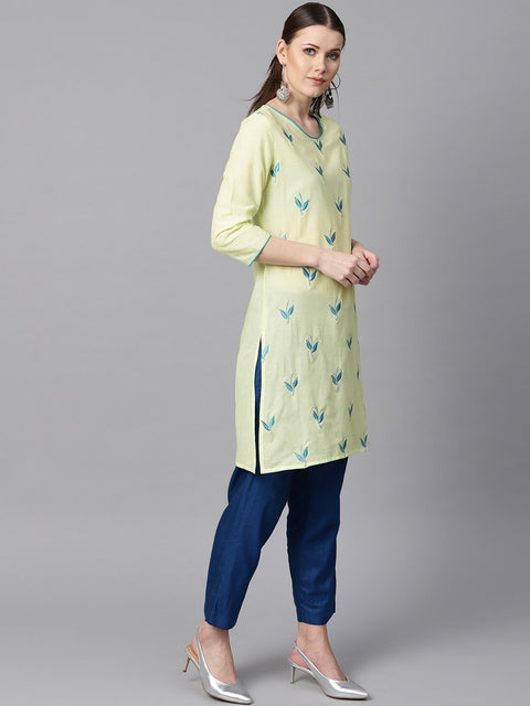 leaf Embroidered yellow 3/4th sleeve kurta