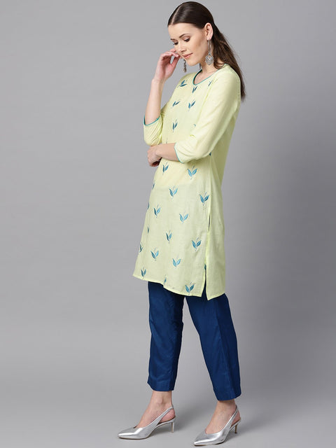 leaf Embroidered yellow 3/4th sleeve kurta