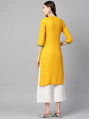 Mustard yellow embroidered straight rayon kurta with 3/4th sleeves