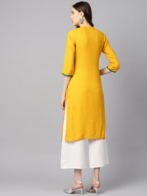 Mustard yellow embroidered straight rayon kurta with 3/4th sleeves