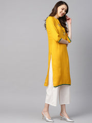 Mustard yellow embroidered straight rayon kurta with 3/4th sleeves