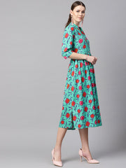 Blue colored Floral Printed 3/4th sleeve pleated dress