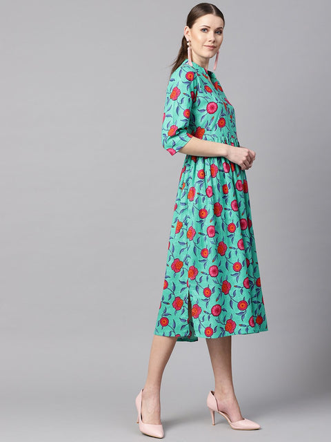 Blue colored Floral Printed 3/4th sleeve pleated dress