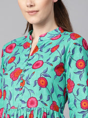 Blue colored Floral Printed 3/4th sleeve pleated dress