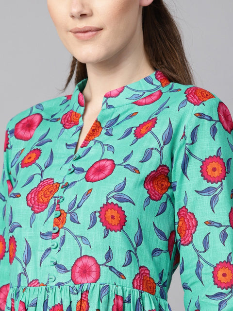 Blue colored Floral Printed 3/4th sleeve pleated dress