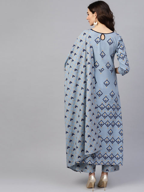 Women Blue & Golden Printed Kurta with Trousers & Dupatta