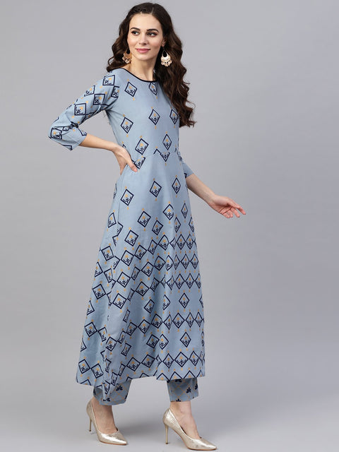 Women Blue & Golden Printed Kurta with Trousers & Dupatta