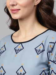 Women Blue & Golden Printed Kurta with Trousers & Dupatta