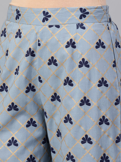 Women Blue & Golden Printed Kurta with Trousers & Dupatta