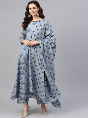 Women Blue & Golden Printed Kurta with Trousers & Dupatta