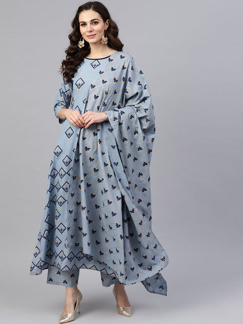Women Blue & Golden Printed Kurta with Trousers & Dupatta