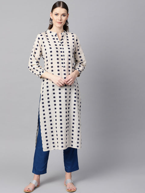 Beige geometric printed cotton straight kurta