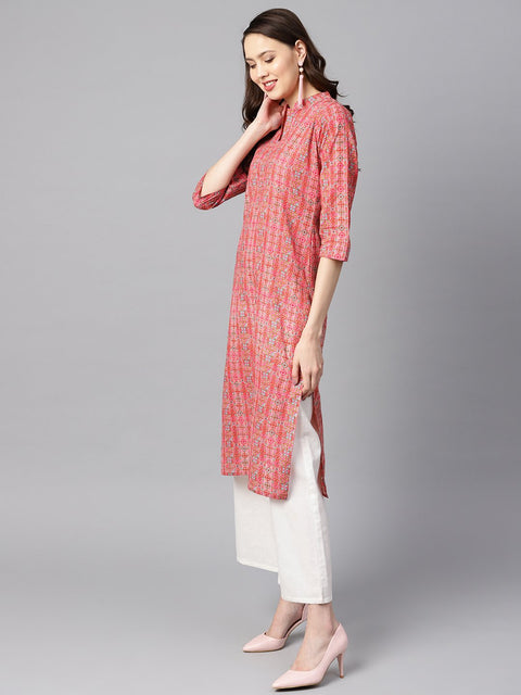 Geometric and floral mix printed cotton straight kurta