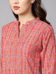 Geometric and floral mix printed cotton straight kurta
