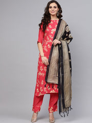 Leaf printed straight kurta and solid pants with printed dupatta
