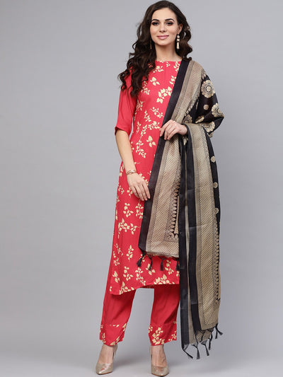 Leaf printed straight kurta and solid pants with printed dupatta