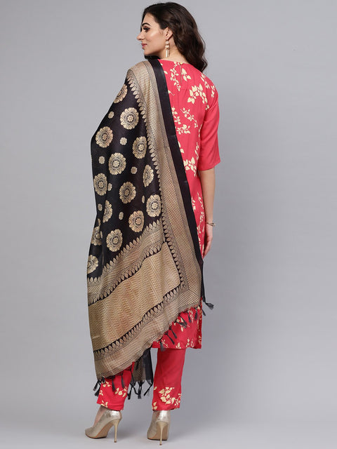 Leaf printed straight kurta and solid pants with printed dupatta