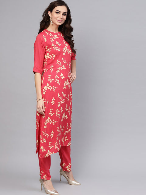 Leaf printed straight kurta and solid pants with printed dupatta
