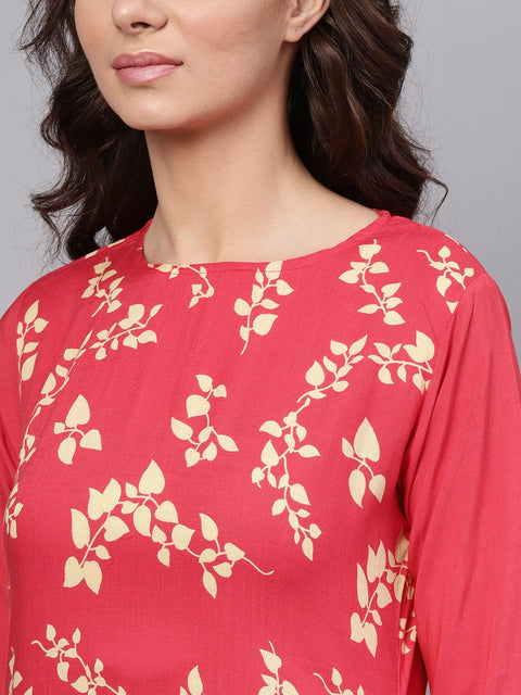Leaf printed straight kurta and solid pants with printed dupatta
