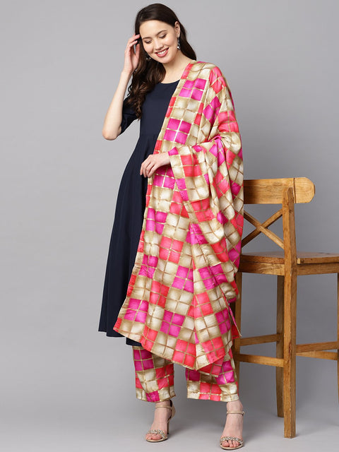 Solid navy blue gathered a-line kurta with solid navy blue palazzo with checks printed cuff at the hem with checks printed dupatta