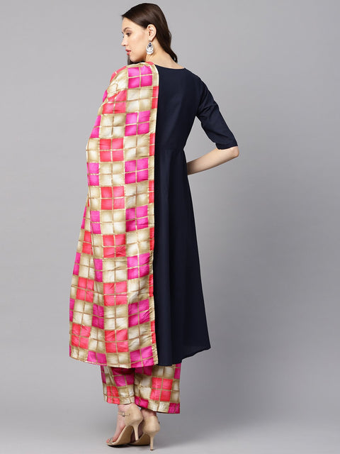 Solid navy blue gathered a-line kurta with solid navy blue palazzo with checks printed cuff at the hem with checks printed dupatta