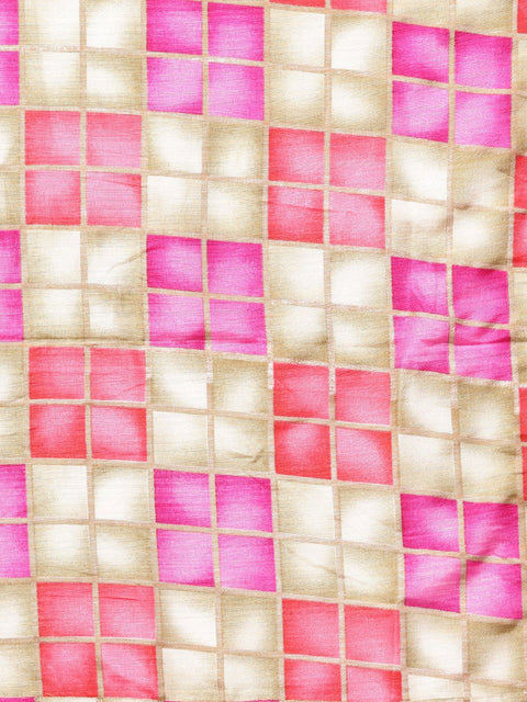 Solid navy blue gathered a-line kurta with solid navy blue palazzo with checks printed cuff at the hem with checks printed dupatta