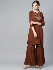 Solid brown with gota detailing straight kurta and sharara with printed dupatta
