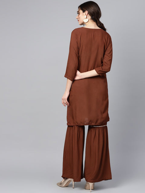 Solid brown with gota detailing straight kurta and sharara with printed dupatta