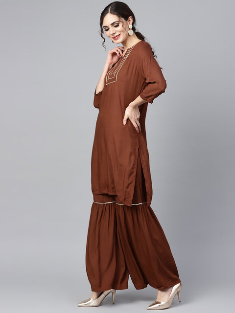 Solid brown with gota detailing straight kurta and sharara with printed dupatta