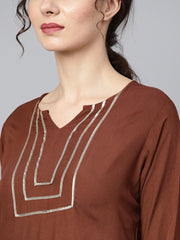 Solid brown with gota detailing straight kurta and sharara with printed dupatta