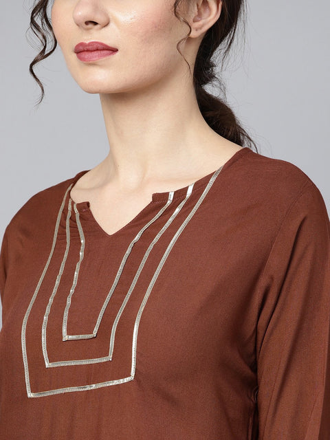 Solid brown with gota detailing straight kurta and sharara with printed dupatta