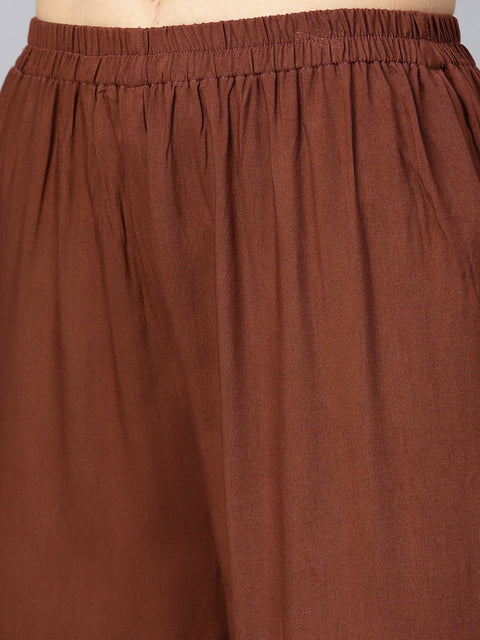 Solid brown with gota detailing straight kurta and sharara with printed dupatta