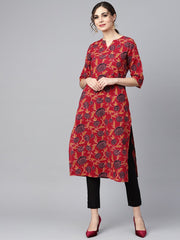 Maroon Floral Printed 3/4th sleeve straight kurta with solid black cigerette pants
