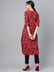 Maroon Floral Printed 3/4th sleeve straight kurta with solid black cigerette pants