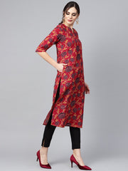 Maroon Floral Printed 3/4th sleeve straight kurta with solid black cigerette pants