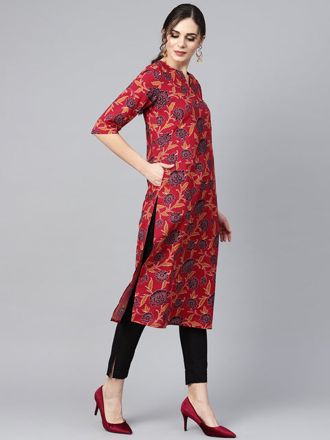 Maroon Floral Printed 3/4th sleeve straight kurta with solid black cigerette pants