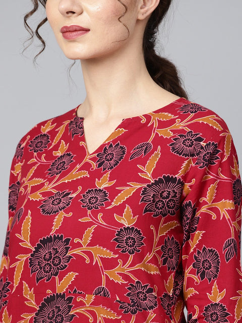 Maroon Floral Printed 3/4th sleeve straight kurta with solid black cigerette pants