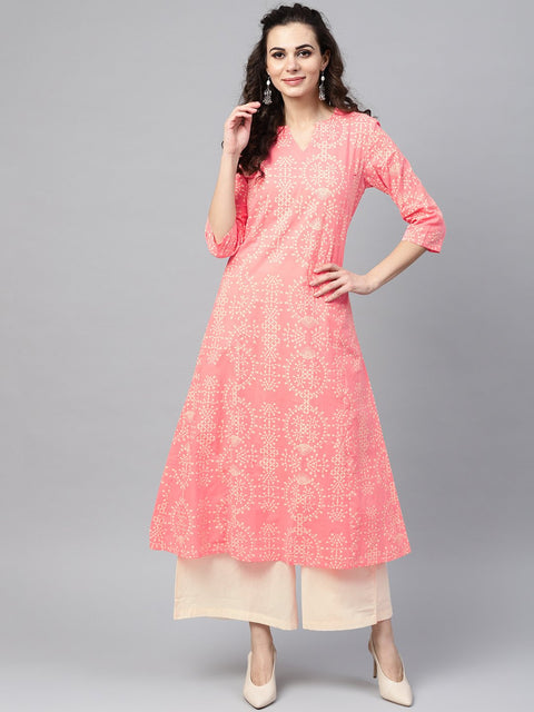 Pink printed 3/4th sleeve kurta set with beige palazzo