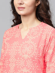 Pink printed 3/4th sleeve kurta set with beige palazzo