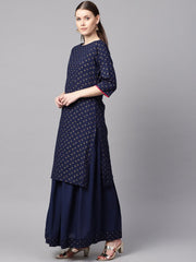 Navy blue gold printed straight kurta with solid navy blue skirt with solid rani pink dupatta
