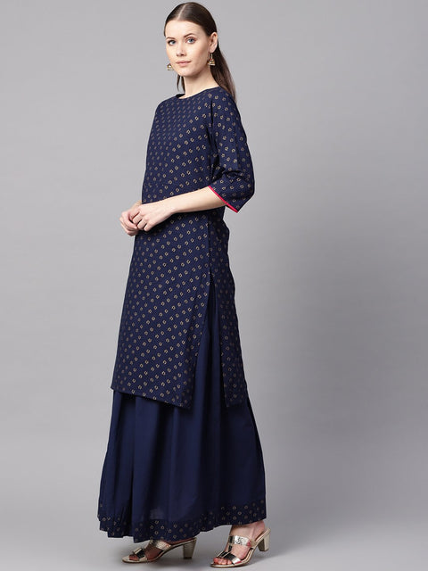 Navy blue gold printed straight kurta with solid navy blue skirt with solid rani pink dupatta