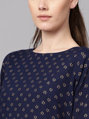 Navy blue gold printed straight kurta with solid navy blue skirt with solid rani pink dupatta