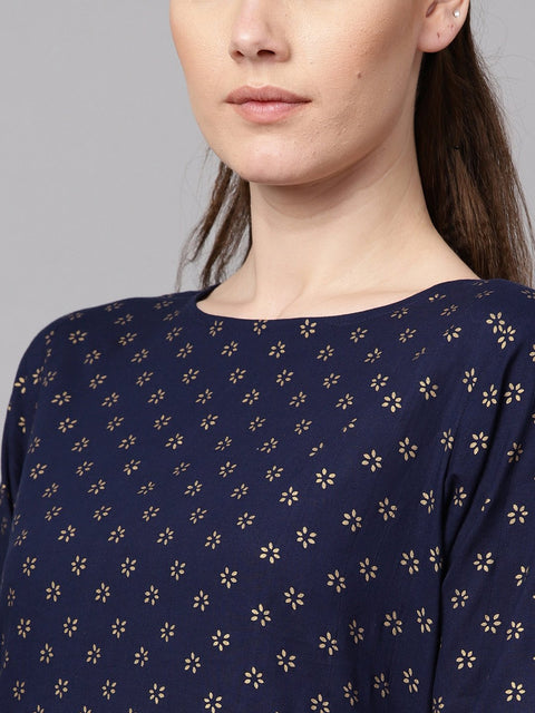 Navy blue gold printed straight kurta with solid navy blue skirt with solid rani pink dupatta