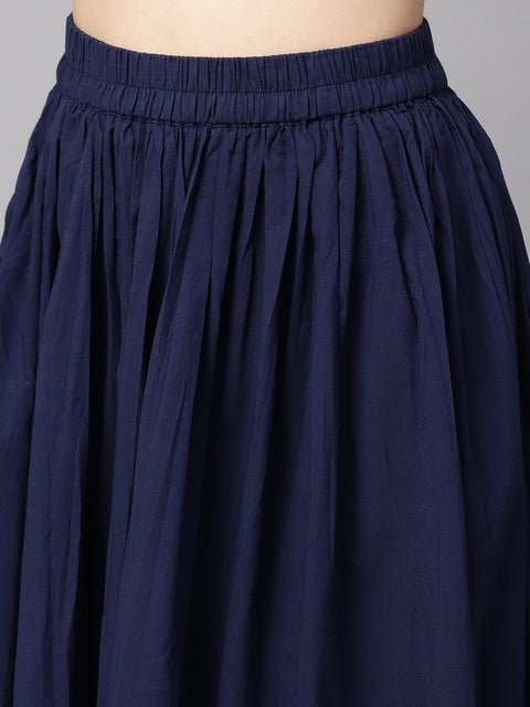 Navy blue gold printed straight kurta with solid navy blue skirt with solid rani pink dupatta