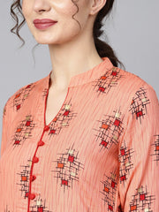 Geometric gold khadi printed straight kurta with multi slits and button detailing, with solid red palazzo