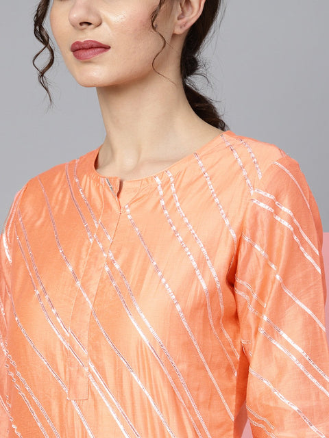 Solid peach gota detailing straight kurta and solid off white pants  with gota detailing off white mul dupatta